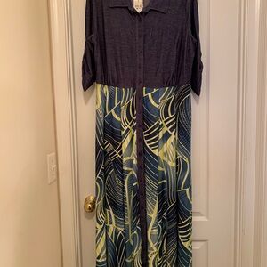 Denim top, multicolor skirt maxi dress